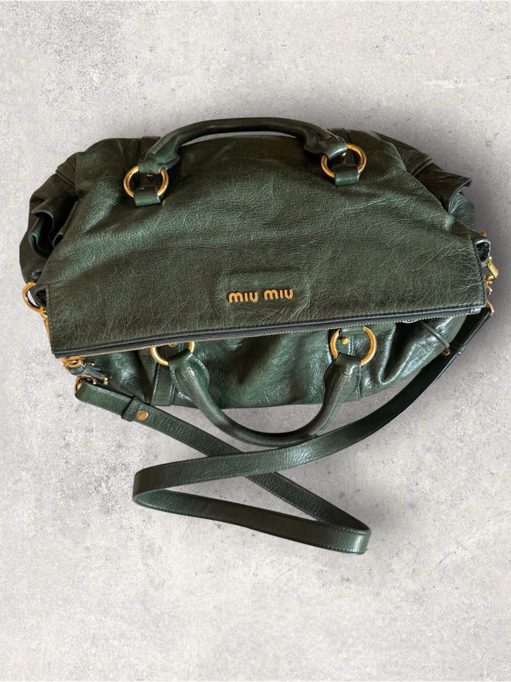 Miu Miu Dark Green Leather Cross Body Satchel with Gold Hardware